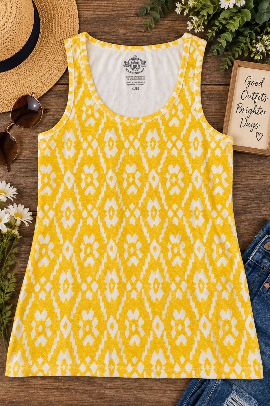 Route 66 Women’s XL Yellow White Ikat Geometric Print Sleeveless Tank Top